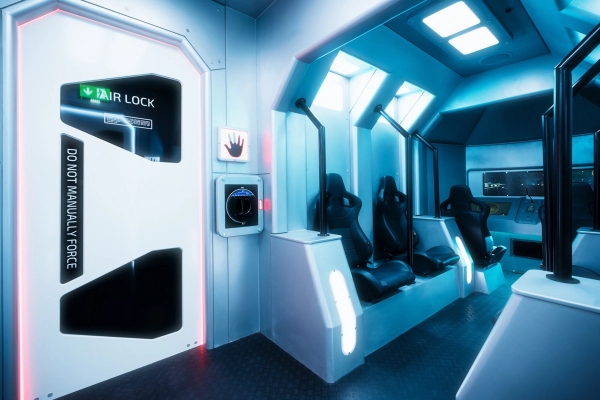 Futuristic airlock chamber set with bucket seating and pressurized wall panels in London SE1, bookable on Love Locations.