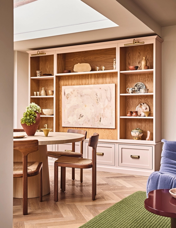 Bespoke light oak built-in display shelving and dining nook in a renovated Victorian home in West Dulwich, Love Locations SE21.