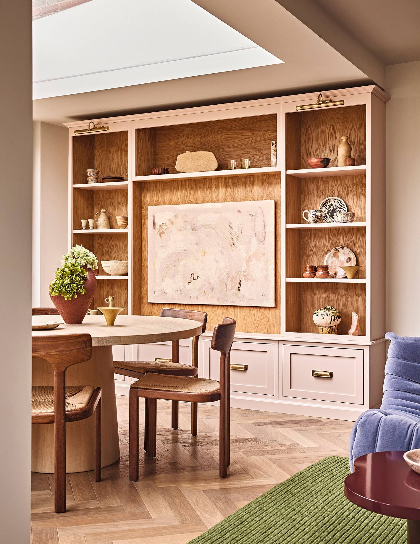 Bespoke light oak built-in display shelving and dining nook in a renovated Victorian home in West Dulwich, Love Locations SE21.