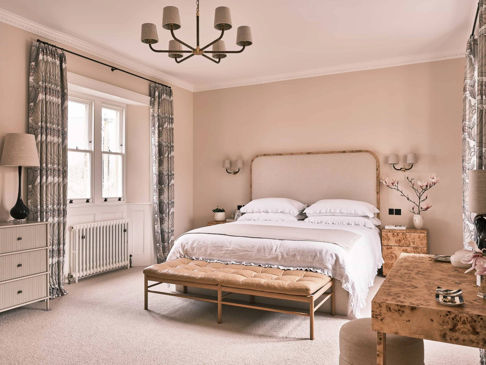 Luxury master bedroom suite in soft pink tones featuring a padded headboard, sash windows, and plush carpets, ideal for sleepwear brand campaigns, Love Locations OX7.