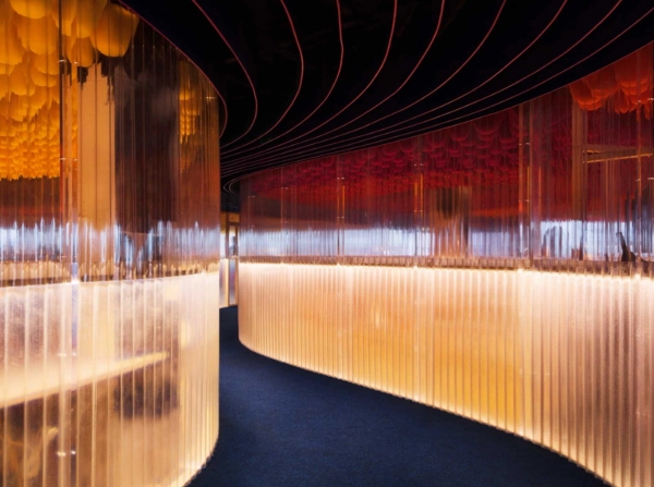 Contemporary members bar and event space with sculptural ceiling and panoramic windows in E1 Whitechapel London – love locations