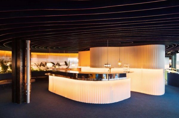 Contemporary members bar and event space with sculptural ceiling and panoramic windows in E1 Whitechapel London – love locations
