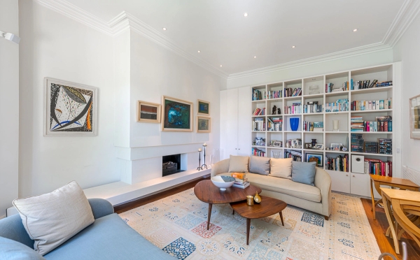 Alternative wide angle of a luxury Chiswick reception room highlighting high ceilings and curated fine art, ideal for sophisticated brand storytelling, Love Locations W4.