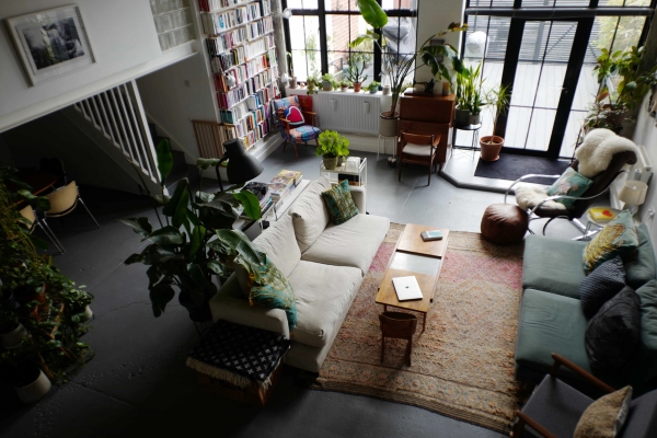 Industrial loft living space with book wall in Upper Clapton E5 – Love Locations