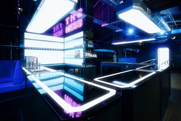 Spaceship crew mess hall and futuristic cocktail bar location with ambient geometric strip lights, Love Locations venue.