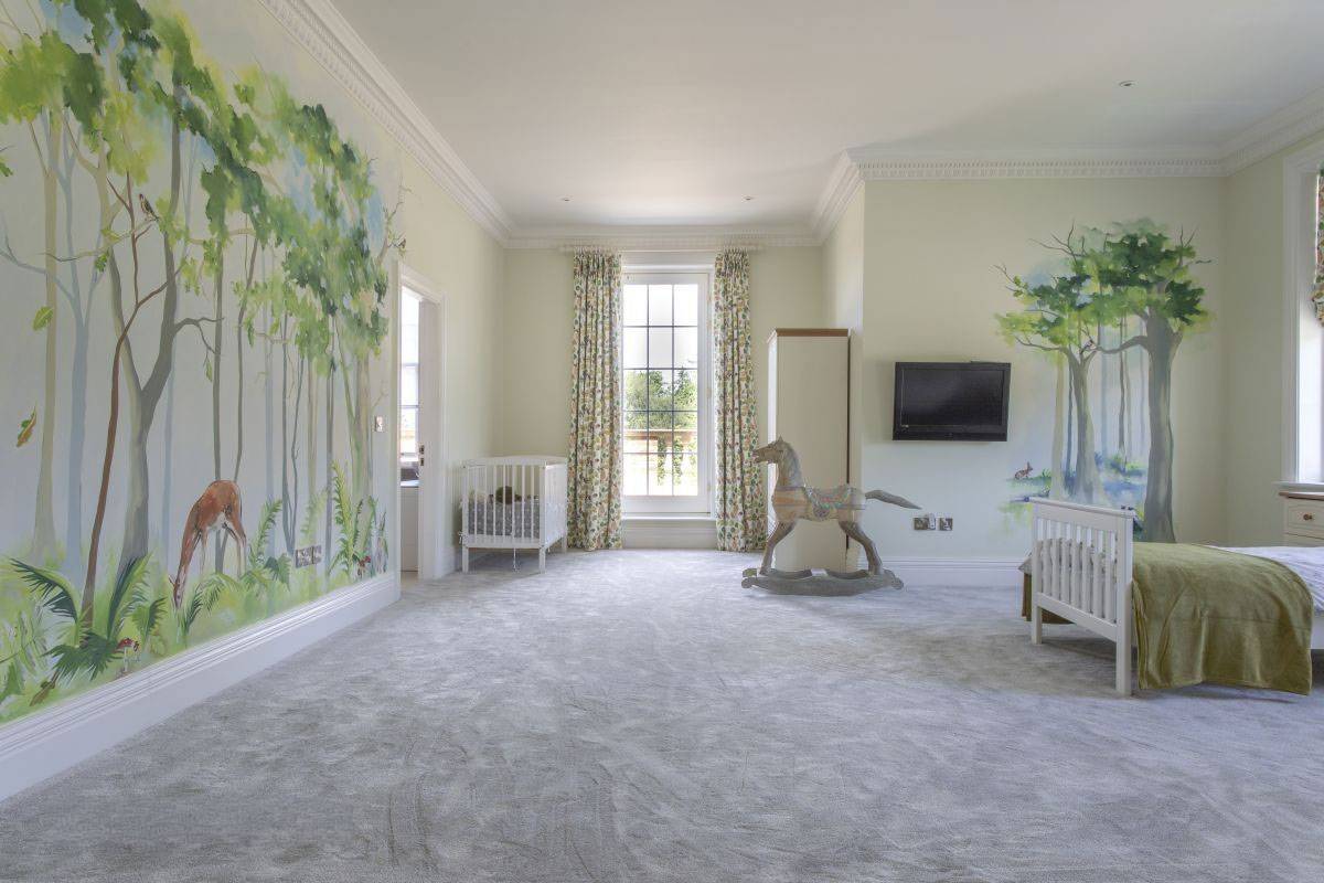 Nursery and child's bedroom setup with large sash window and bespoke wall graphics for media hire, exclusively on Love Locations.