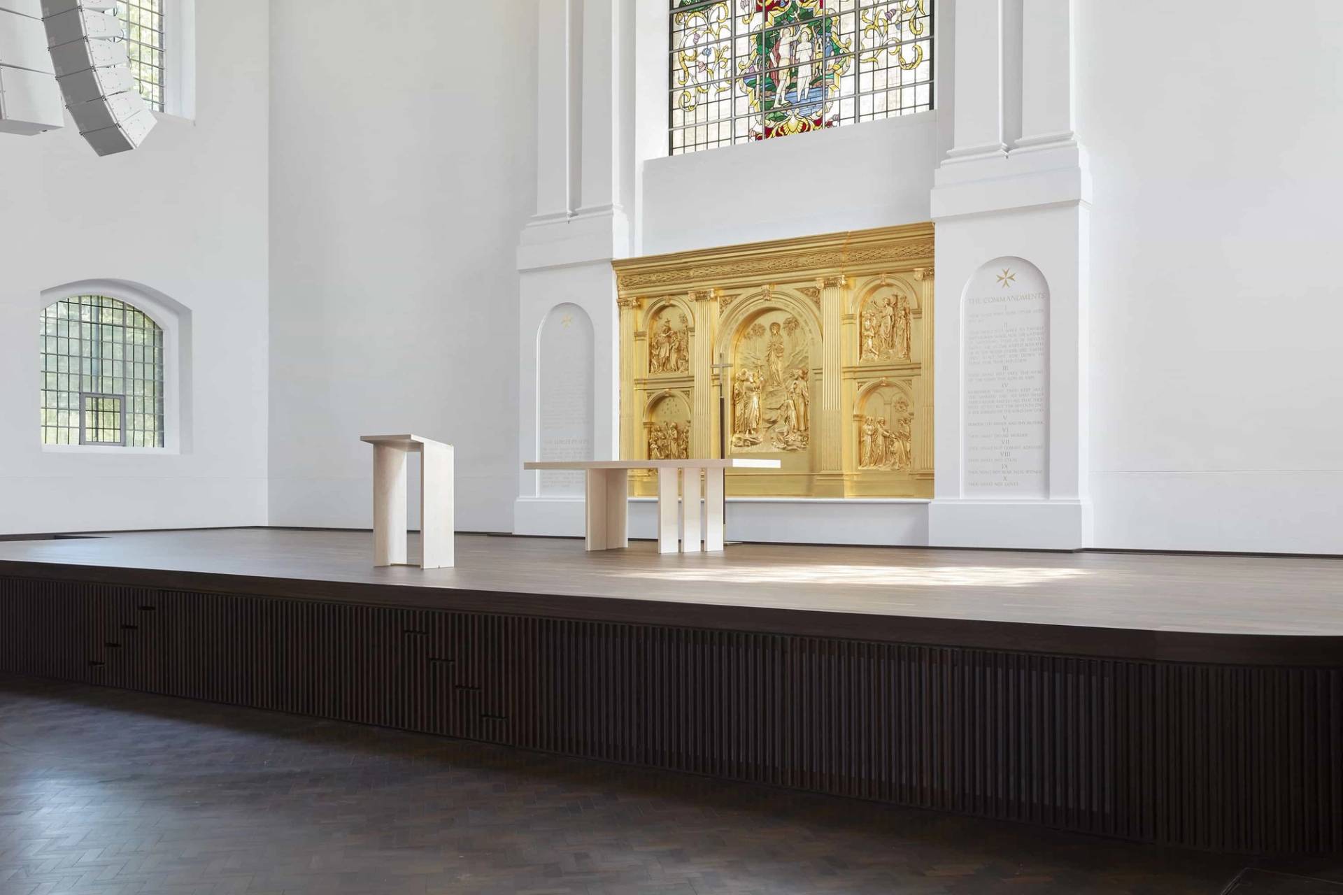 Vaulted ceiling and open floor inside Hackney church, Love Locations production space