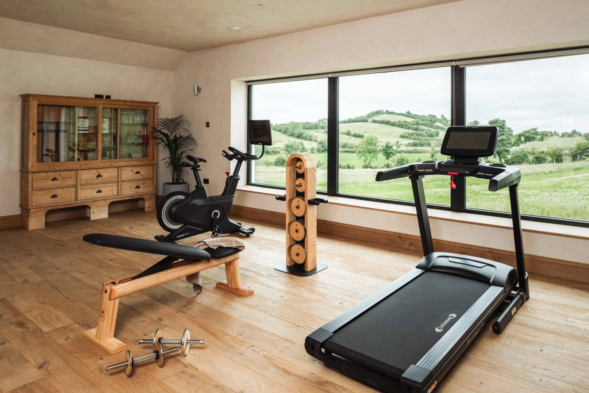 Private home gym film location in Castleblayney County Monaghan Ireland through Love Locations, featuring modern cardio machines, wooden floors, and panoramic field views.