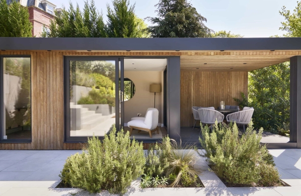 Modern timber-clad garden pavilion and outdoor entertaining patio for lifestyle brand filming, Love Locations.