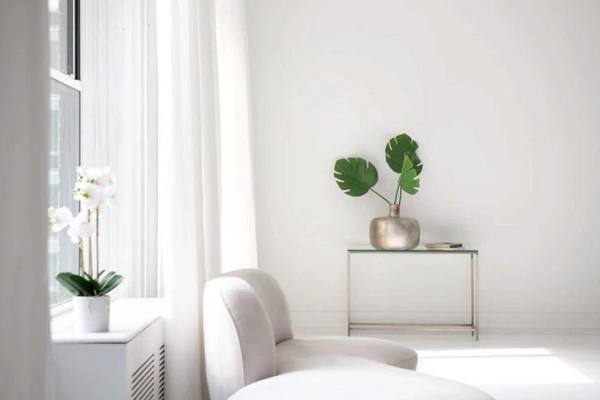 Minimalist lounge corner detail with a sleek glass console table and potted green plant inside an NYC loft production space, Love Locations NY 10011.