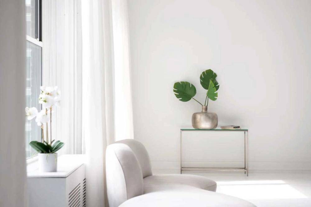 Minimalist lounge corner detail with a sleek glass console table and potted green plant inside an NYC loft production space, Love Locations NY 10011.
