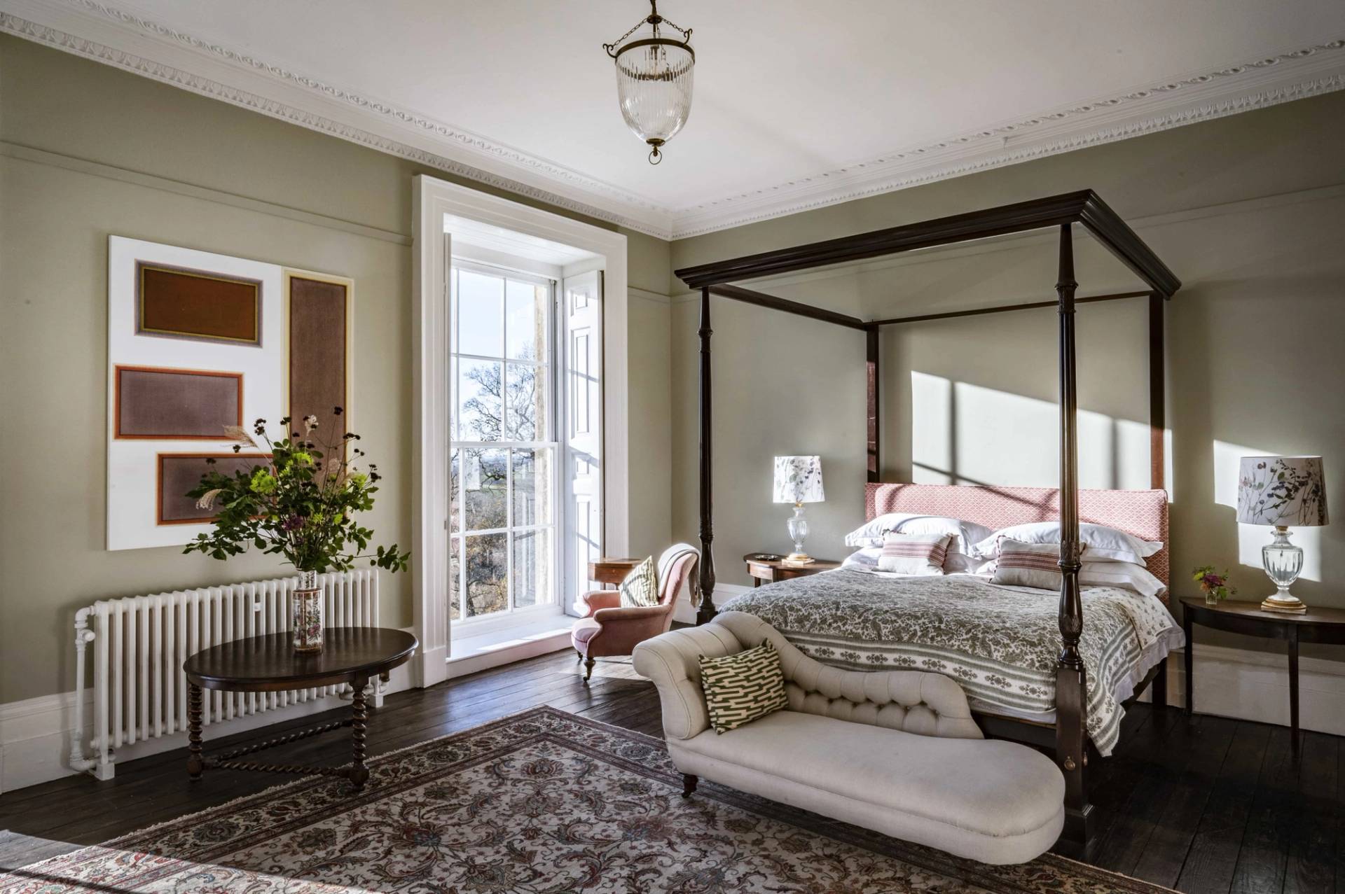 Four-poster bed master suite featuring period furnishings, neutral walls, and sash windows overlooking grounds, ideal for luxury bedding lookbooks, Love Locations LE7.