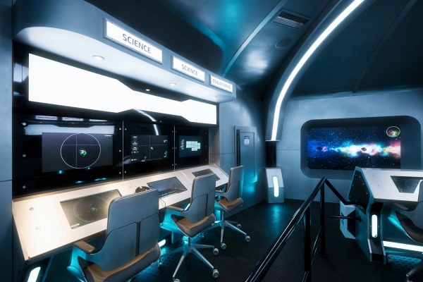 Multi-seat spaceship laboratory and science deck set with realistic monitors for TV production hire, curated by Love Locations.
