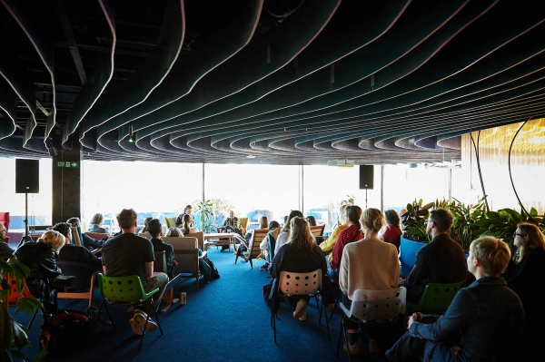 Modern members bar and social event space with sculptural ceiling design in Whitechapel London E1 – love locations
