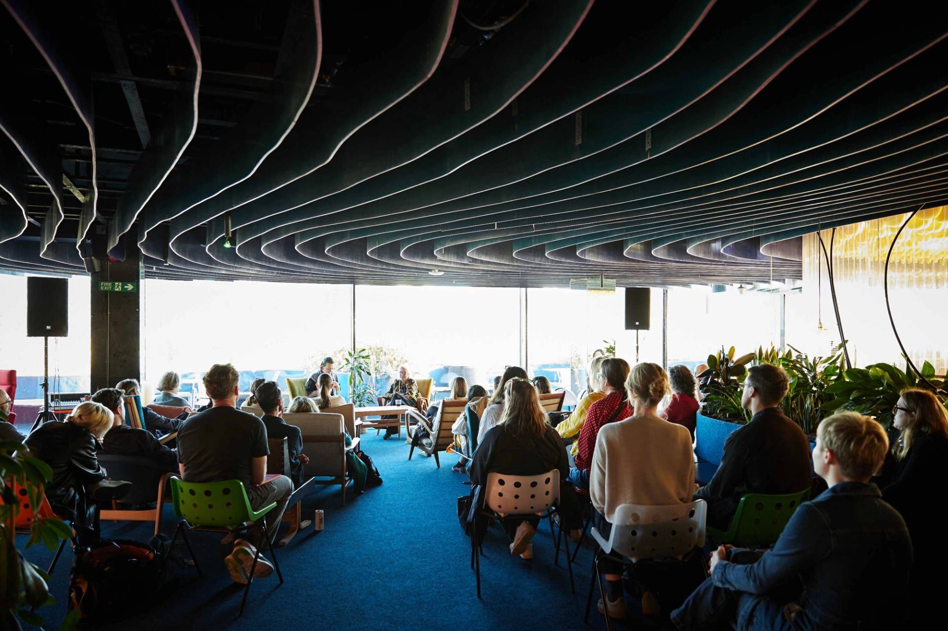 Modern members bar and social event space with sculptural ceiling design in Whitechapel London E1 – love locations