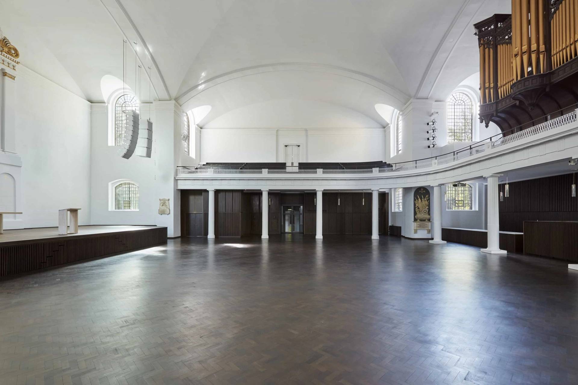 Wide-angle view of Hackney church main hall, Love Locations filming site