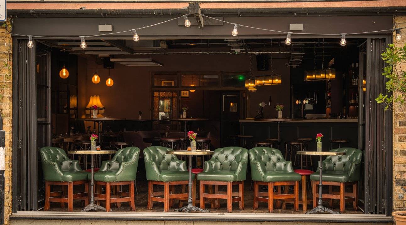 Line of luxury tufted green leather armchairs arranged along an outdoor-facing terrace counter under festoon lighting, suitable for high-end casual dining shoots, Love Locations.
