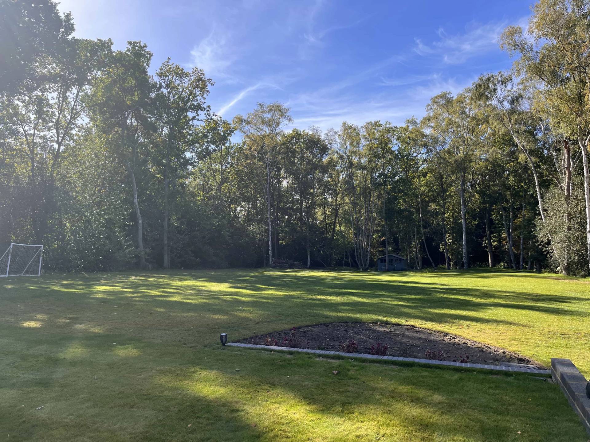 Spacious private lawn garden surrounded by dense green forest foliage in Surrey, Love Locations GU3.