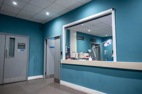 Observation window looking into a hospital room from a blue hallway corridor, Love Locations UB4.