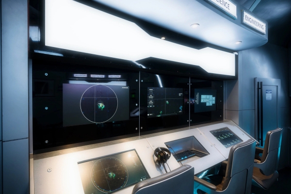 Futuristic science station control desk featuring radar screens and playback monitors, premium film studio set from Love Locations.