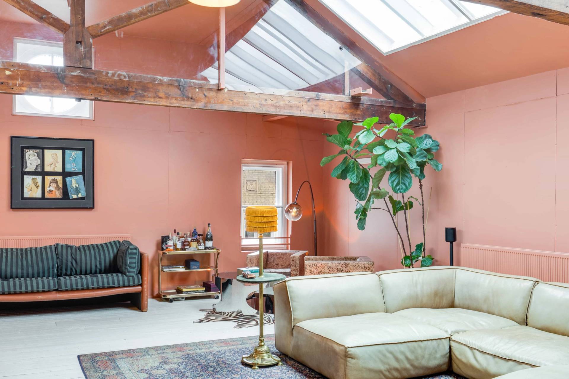Eclectic apartment set with terracotta walls, rustic beams, and a fiddle-leaf fig tree for editorial media hire, Love Locations.