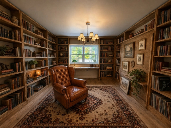 Love Locations traditional library with bookshelves and armchair for filming