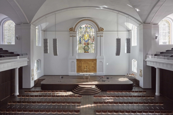 Expansive nave with columns inside Hackney church, Love Locations shoot venue