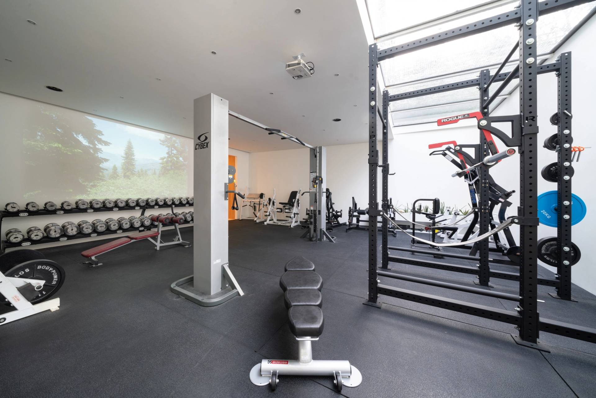 Spacious basement home gym featuring cardio equipment, strength machines, and overhead skylight void, Love Locations SW6.