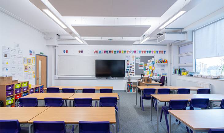 Bright school classroom shoot space in Hove BN3 via Love Locations, showcasing interactive smart screen, teacher desk, and arranged student tables.