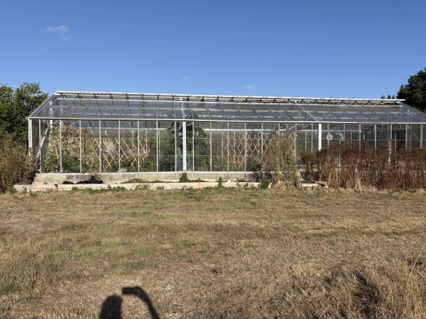 Side view of a glass agricultural greenhouse structure under open blue skies, Love Locations BN8.