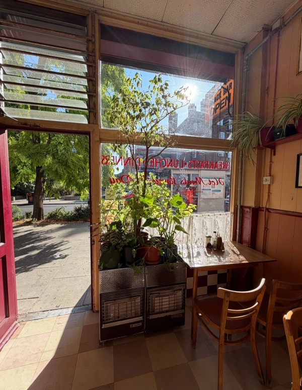 Cafe window dining table looking out to the street front with potted green plants and wooden chairs, Love Locations SE27.