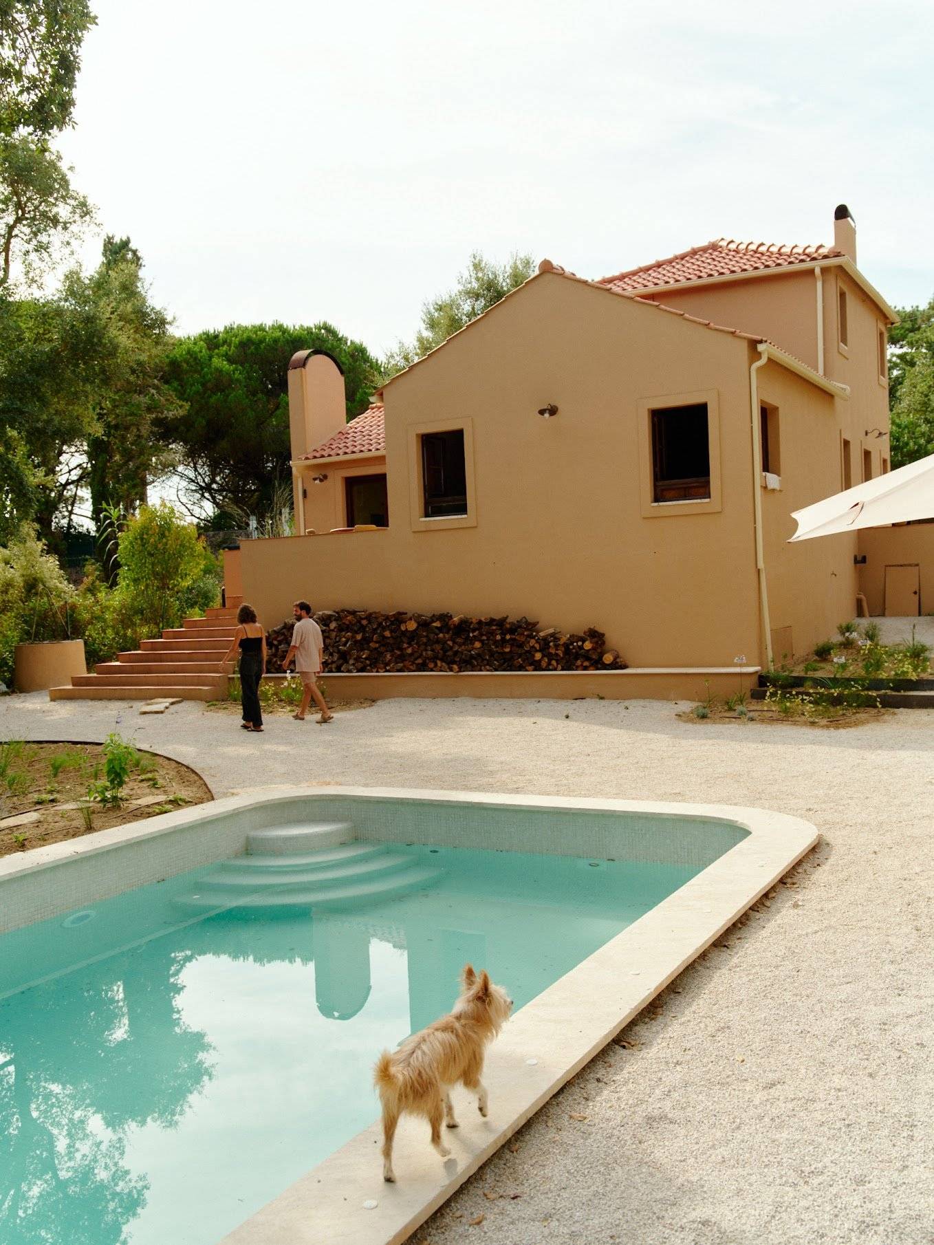 odern ochre villa facade with outdoor swimming pool, terrace patio, and lush forest background, Love Locations 2705-064.