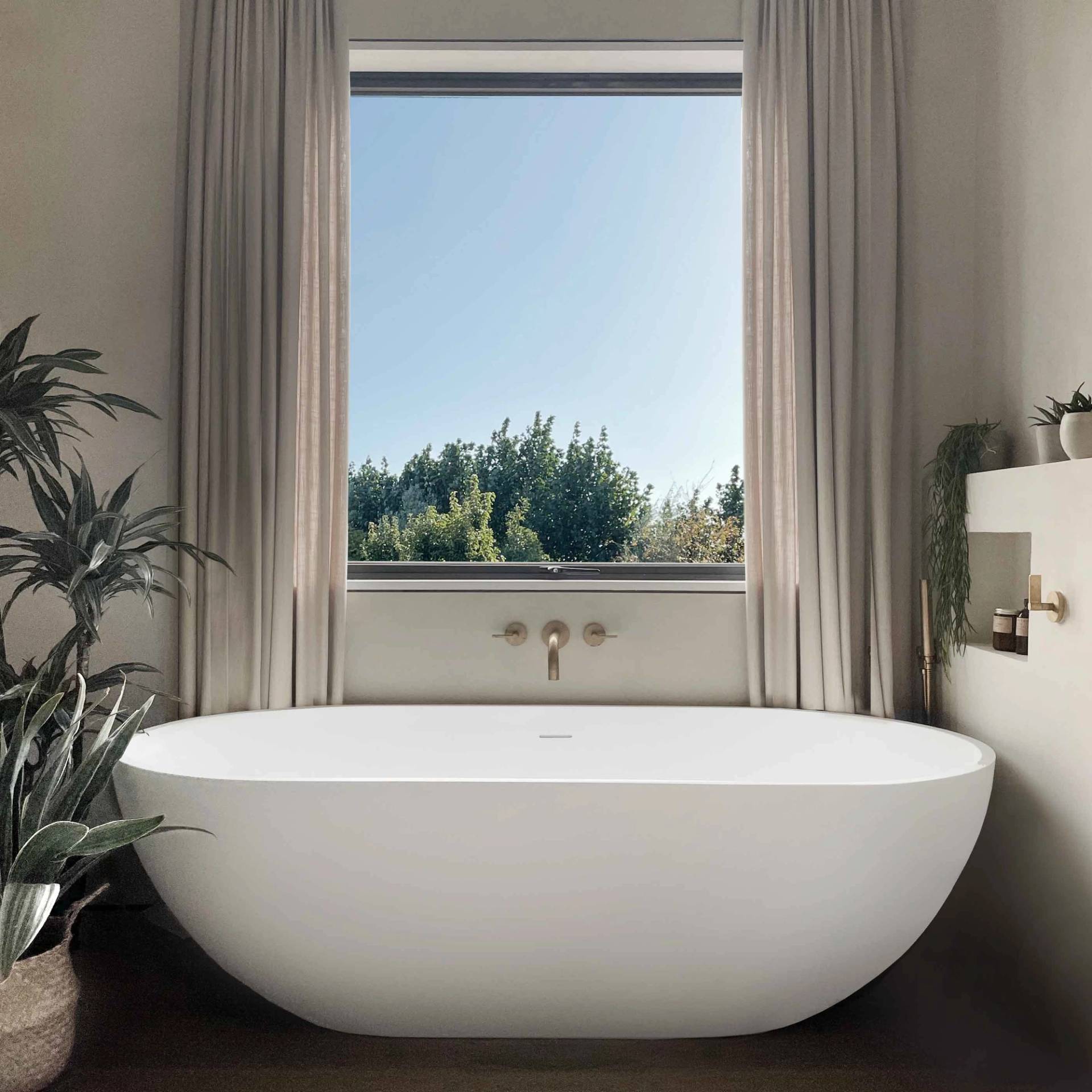 Luxury spa bathroom location featuring a freestanding oval soaking tub set before a large window with woodland views, perfect for wellness and beauty commercials, Love Locations PO18.