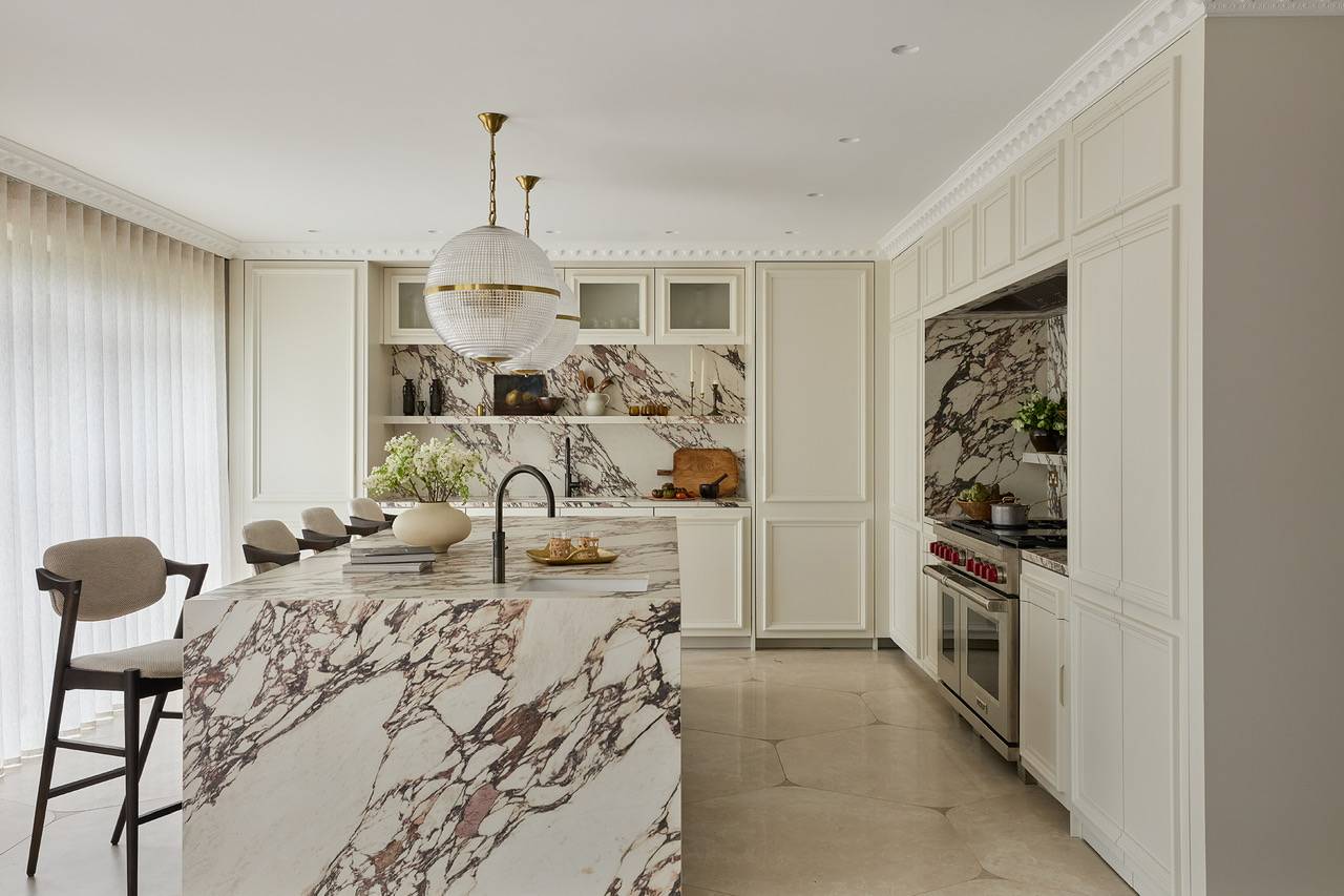 Premium kitchen production space in Hertfordshire highlighting an exquisite Calacatta Viola marble island and matching worktops, suitable for editorial food media filming, Love Locations WD23.