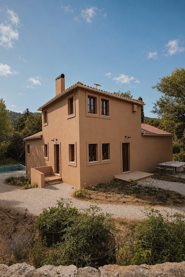 Two-story contemporary Portuguese villa exterior with ochre plaster, terracotta roof tiles, and gravel drive, Love Locations 2705-064.