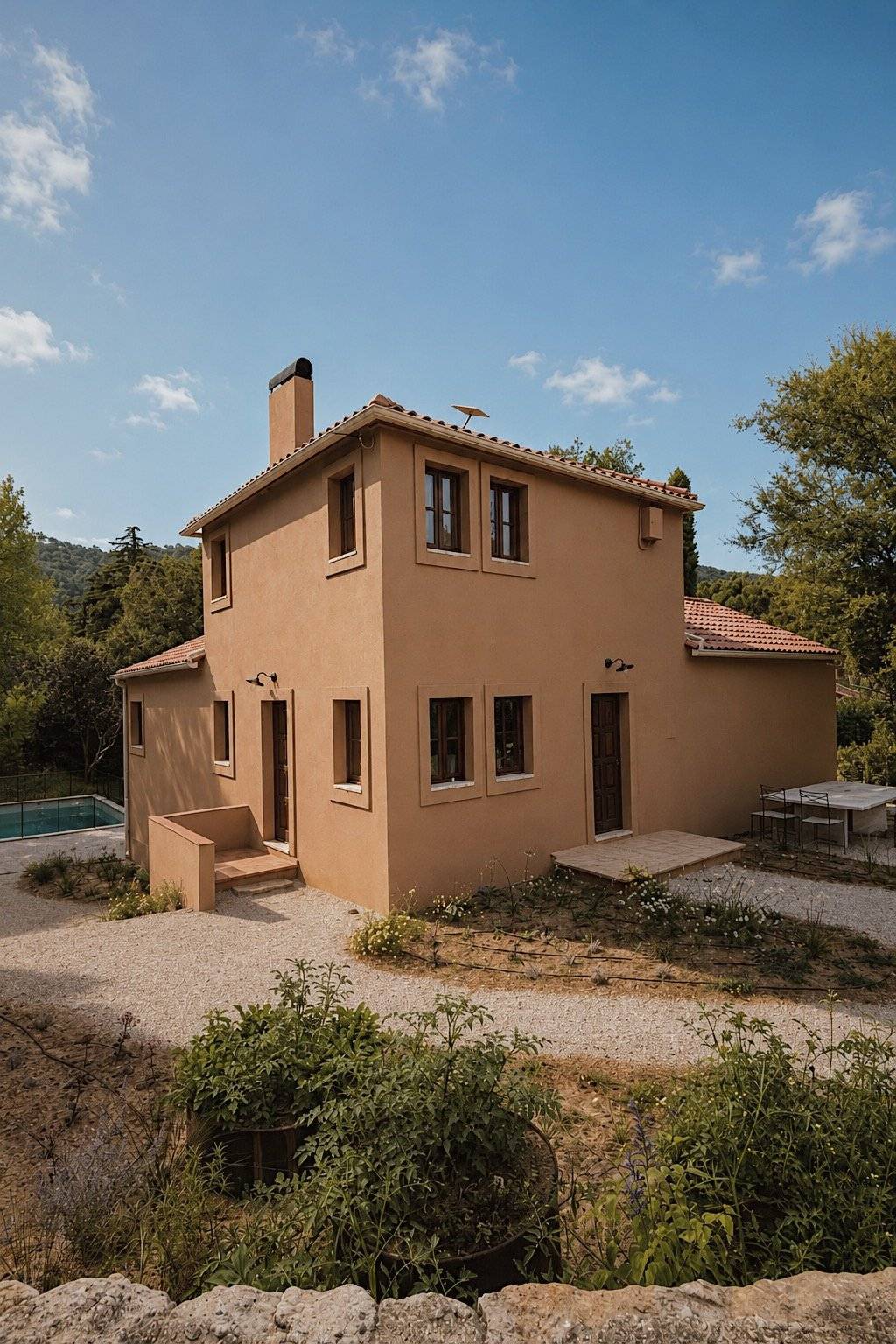 Two-story contemporary Portuguese villa exterior with ochre plaster, terracotta roof tiles, and gravel drive, Love Locations 2705-064.