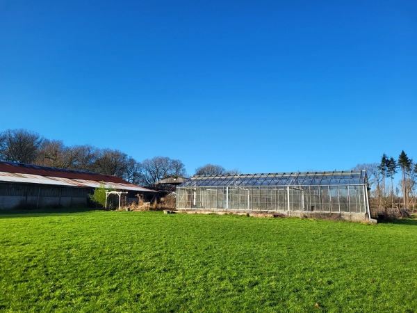 Commercial farm glasshouse structure set beside open green fields under blue skies, Love Locations BN8.