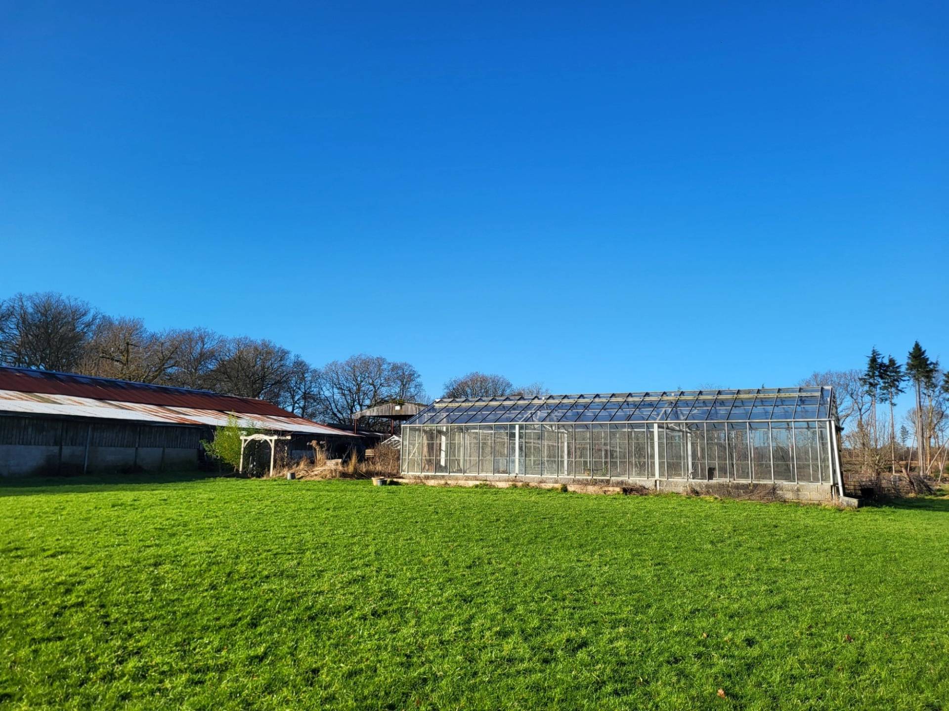 Commercial farm glasshouse structure set beside open green fields under blue skies, Love Locations BN8.