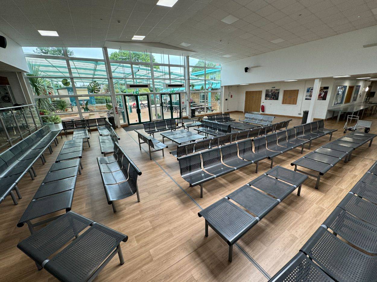 Elevated view of a spacious school cafeteria and common room film set in North Finchley N12 from Love Locations.