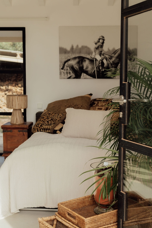 Guest bedroom suite featuring a white bed frame, framed wall art, indoor palm plants, and glass patio doors, Love Locations 07630.