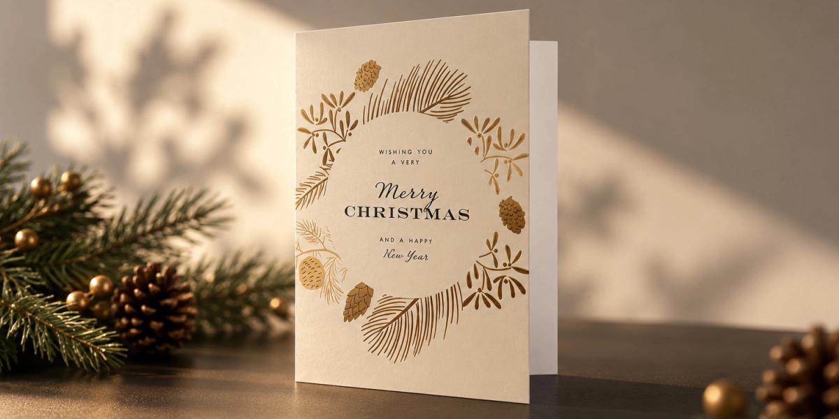Elegant corporate Christmas greeting card with gold botanical illustrations, displayed on a dark tabletop with evergreen branches and warm holiday lighting.