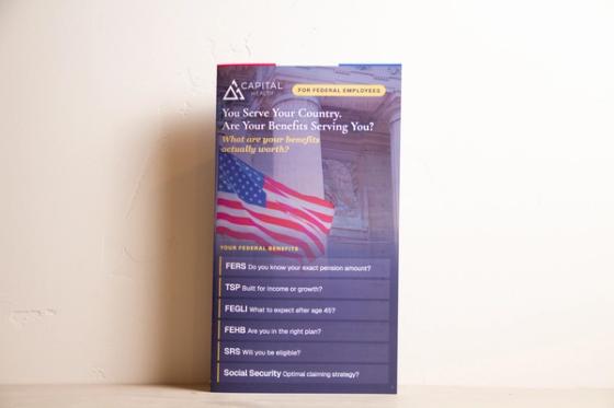 Folded brochure headlined "You Serve Your Country. Are Your Benefits Serving You?" over a US flag, listing FERS, TSP, FEGLI, FEHB, SRS and Social Security questions.