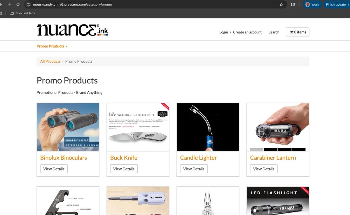 Nuance Ink Print Portal displaying branded promotional products available for online ordering through a customizable company storefront.