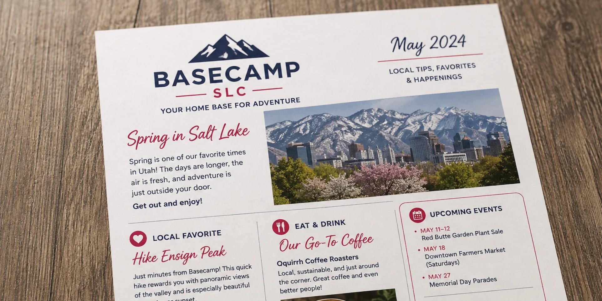 Printed community newsletter featuring local events, articles, and scenic photography on a tabletop.