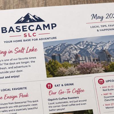 Printed community newsletter featuring local events, articles, and scenic photography on a tabletop.
