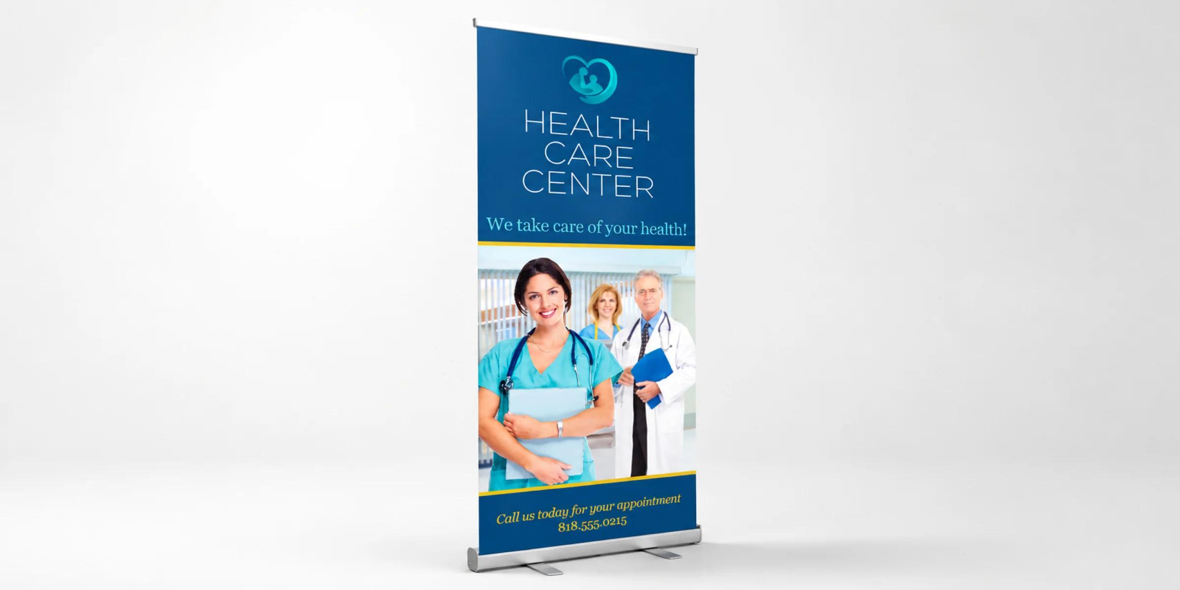 Retractable banner stand displaying custom full-color graphics for a healthcare center promotion.