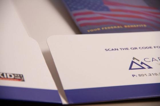 Brochure opened to two interior panels — "Coordinating all Federal Employees Benefits is Complicated," comparing no plan against a plan, and "Decades of Benefits. Do You Know Their Worth?"