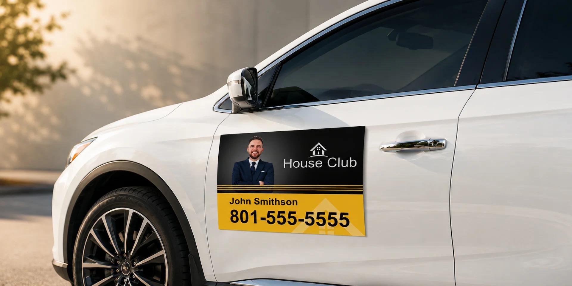 Removable magnetic vehicle door sign displayed on the side of a white SUV.