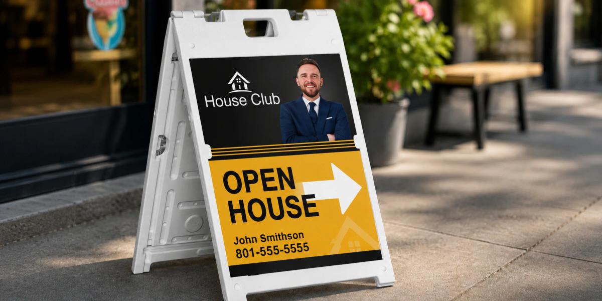 A-frame sidewalk sign promoting an open house with directional arrow, custom branding, agent photo, and contact information on a city sidewalk.