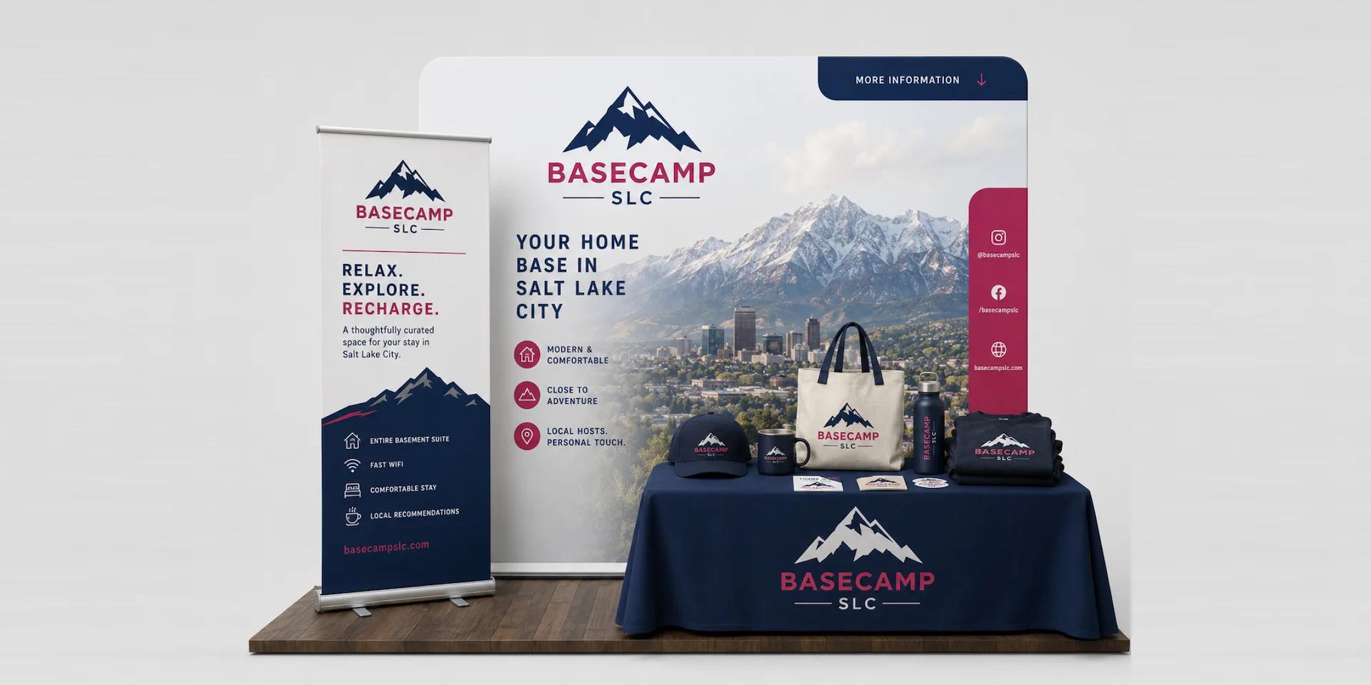 Trade show display featuring a branded backdrop, retractable banner, table cover, and promotional products for a professional event booth.